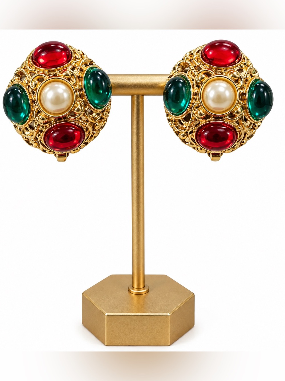 Vintage Style Glass Cabochon Clip On Earrings Red Green Pearl Gold Tone